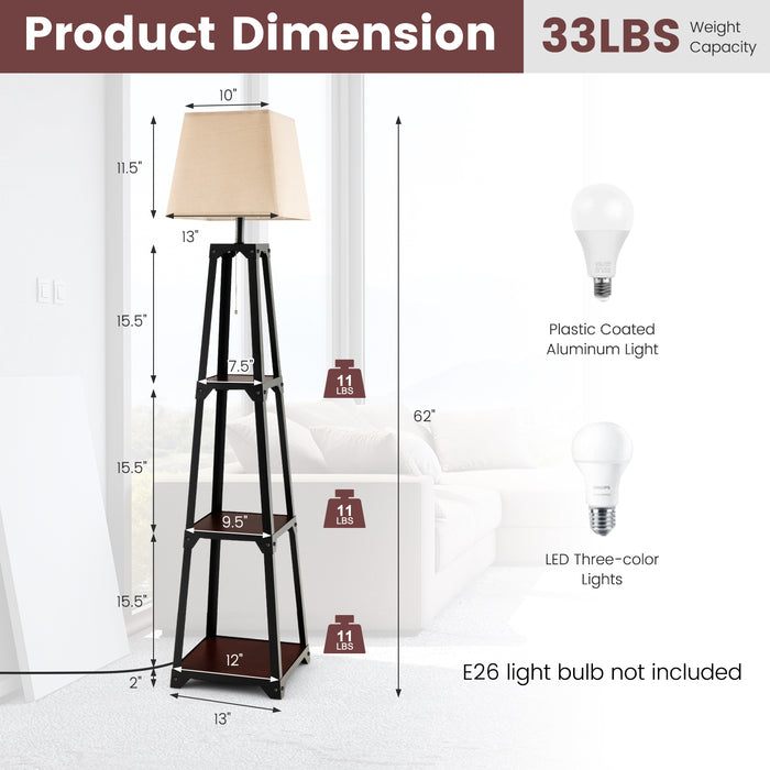 Trapezoidal Designed Floor Lamp with 3 Tiered Storage Shelf-Brown