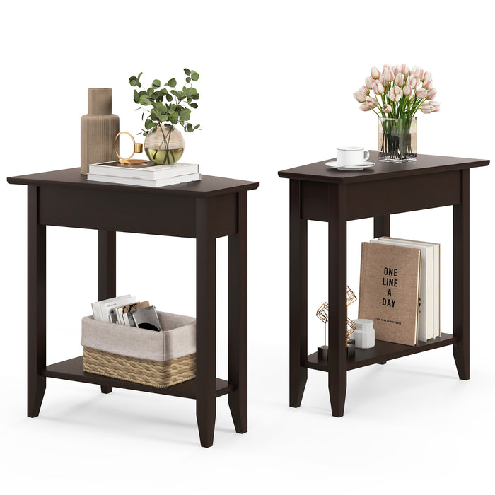 2-Tier Wedge Narrow End Table with Storage Shelf and Solid Wood Legs-Espresso