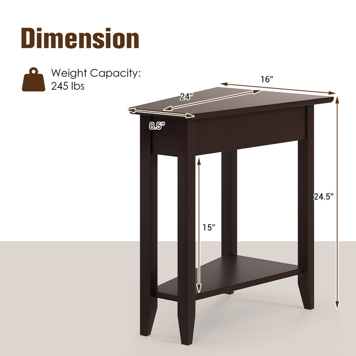 2-Tier Wedge Narrow End Table with Storage Shelf and Solid Wood Legs-Espresso