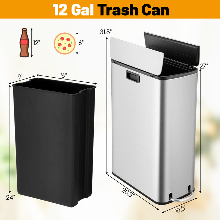 12 Gal Stainless Steel Trash Can with Soft-Closing Wing Lids-Silver