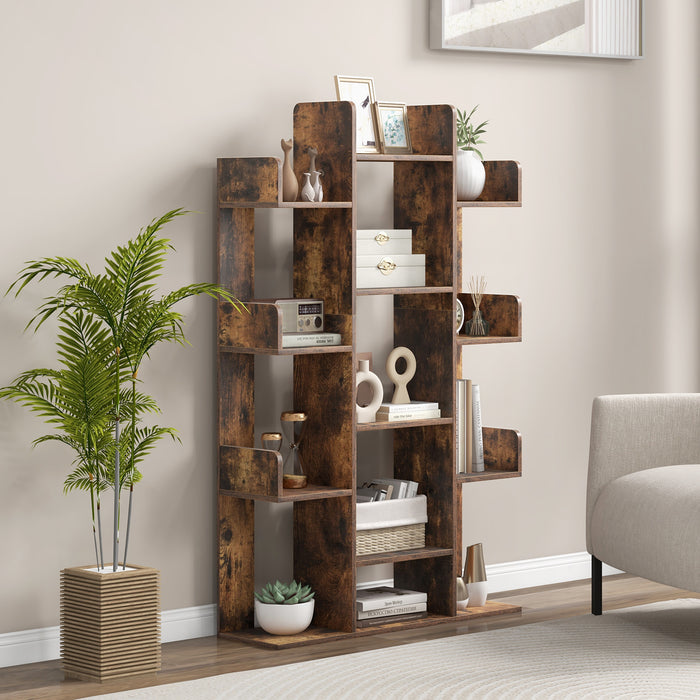 Tree-Shaped Bookshelf with 13 Compartments for Home Office-Rustic Brown