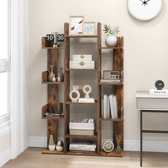 Tree-Shaped Bookshelf with 13 Compartments for Home Office-Rustic Brown