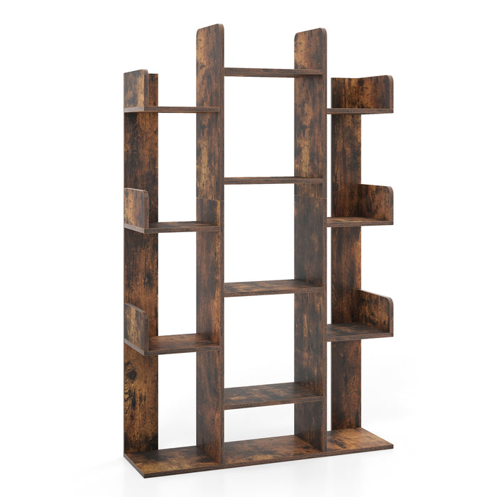 Tree-Shaped Bookshelf with 13 Compartments for Home Office-Rustic Brown