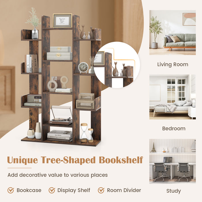 Tree-Shaped Bookshelf with 13 Compartments for Home Office-Rustic Brown