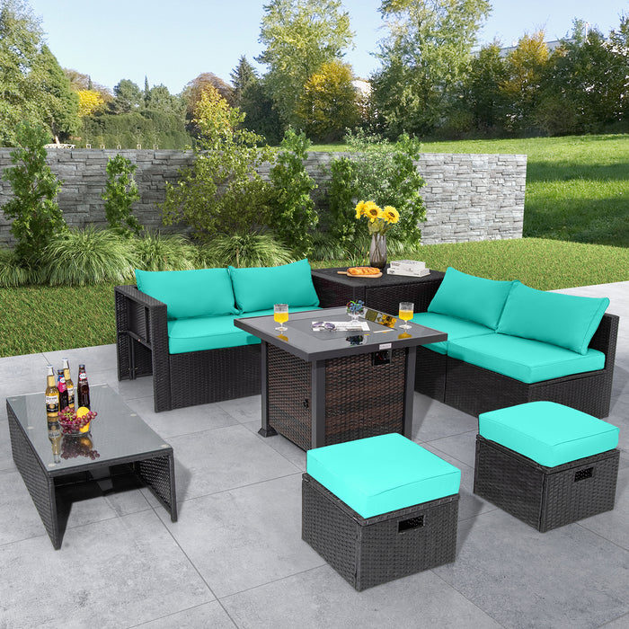 9 Pieces Patio Furniture Set with 32â€ Fire Pit Table and 50000 BTU Square Propane Fire Pit-Turquoise