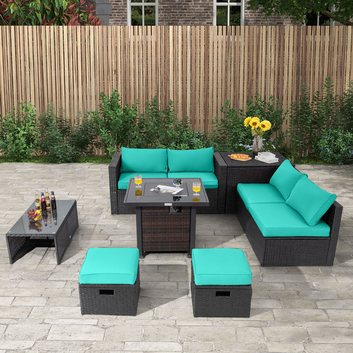 9 Pieces Patio Furniture Set with 32â€ Fire Pit Table and 50000 BTU Square Propane Fire Pit-Turquoise