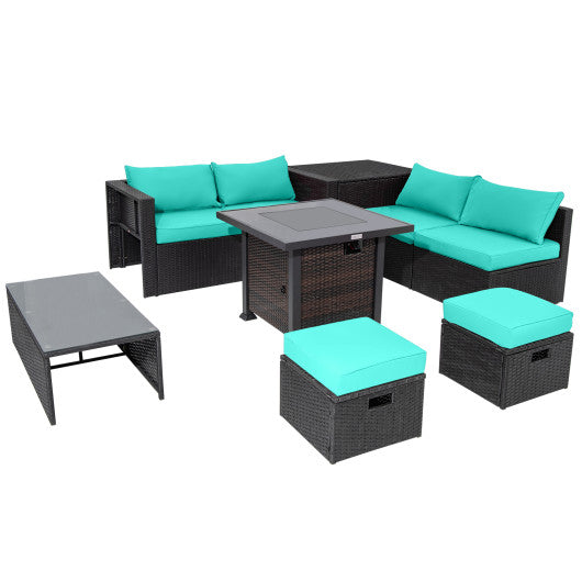 9 Pieces Patio Furniture Set with 32â€ Fire Pit Table and 50000 BTU Square Propane Fire Pit-Turquoise