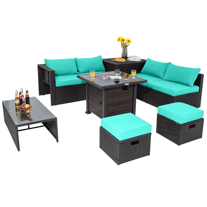 9 Pieces Patio Furniture Set with 32â€ Fire Pit Table and 50000 BTU Square Propane Fire Pit-Turquoise