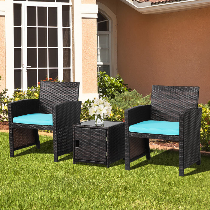 3 Pieces Patio Wicker Furniture Set with Storage Table and Protective Cover-Turquoise