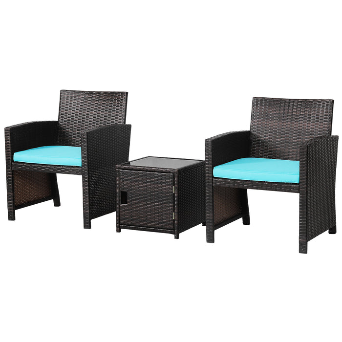 3 Pieces Patio Wicker Furniture Set with Storage Table and Protective Cover-Turquoise