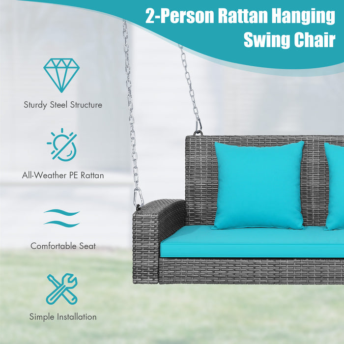 2-Person Patio PE Wicker Hanging Porch Swing Bench Chair Cushion 800 Pounds-Turquoise