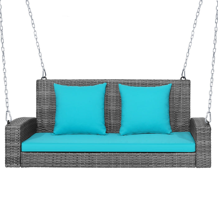 2-Person Patio PE Wicker Hanging Porch Swing Bench Chair Cushion 800 Pounds-Turquoise