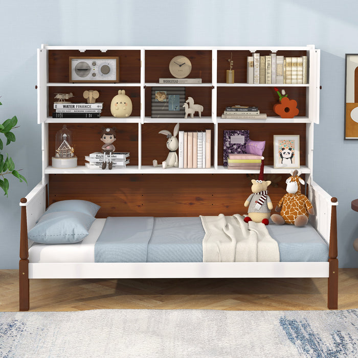 Twin Bed with Bookcase with Shelves and  Wooden Slat Support No Box Spring Needed for Living Room Bedroom-White