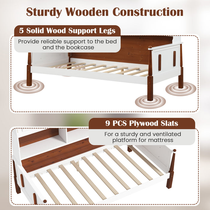 Twin Bed with Bookcase with Shelves and  Wooden Slat Support No Box Spring Needed for Living Room Bedroom-White