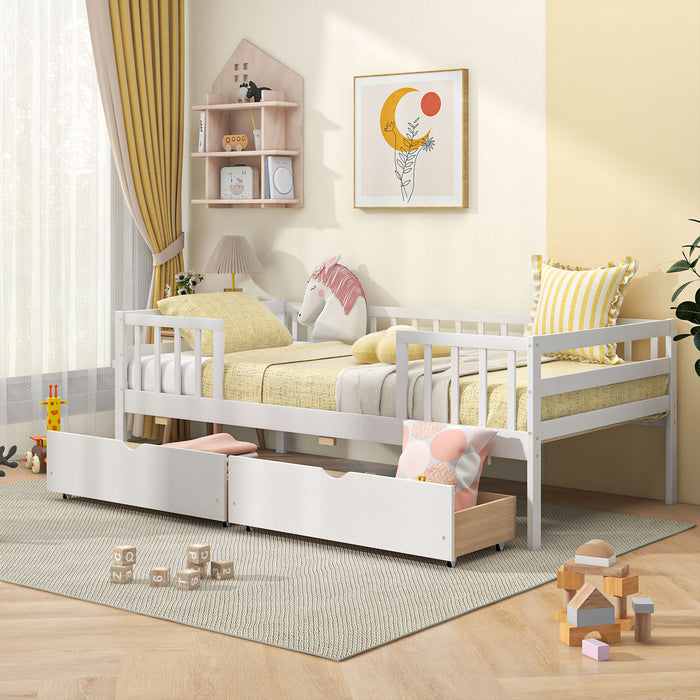 Twin Daybed with Fence and 2 Drawers Kids Bed for Boys & Girls-White