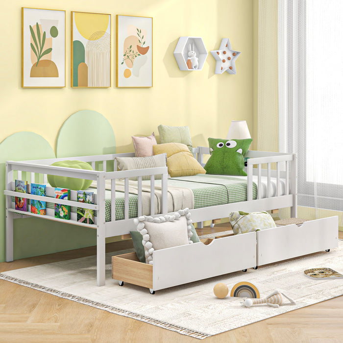 Twin Daybed with Fence and 2 Drawers Kids Bed for Boys & Girls-White