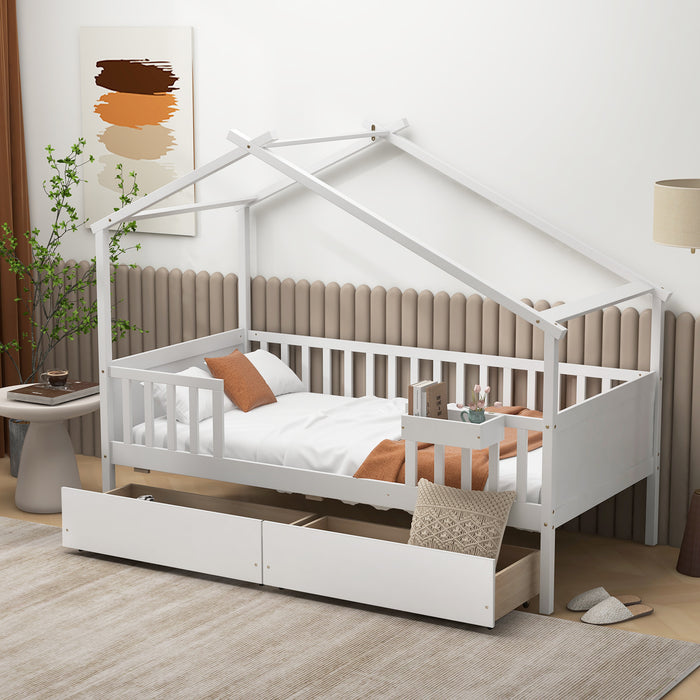 Twin House Bed with 2 Storage Drawers and Roof & Fence Rails-White