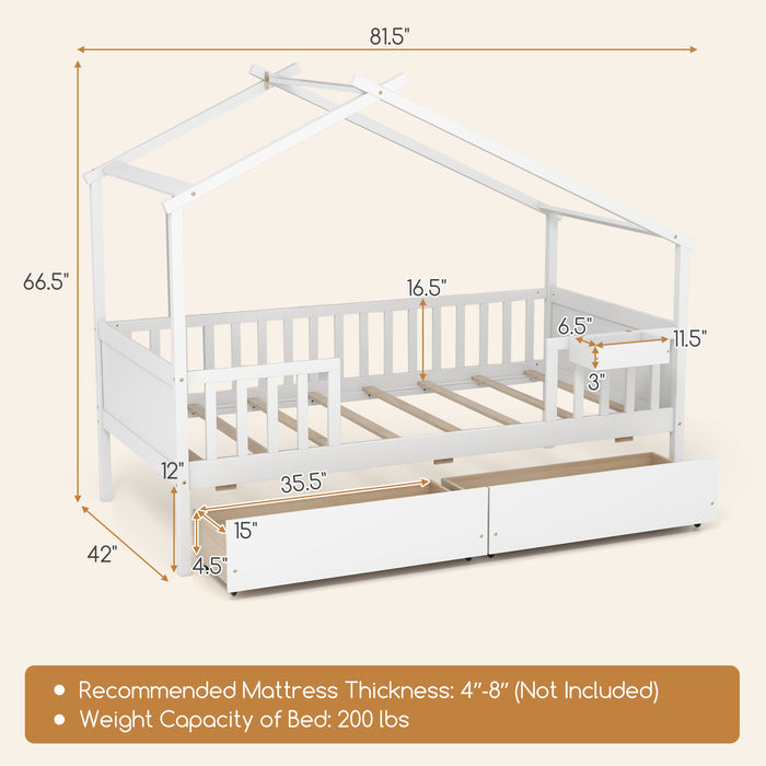 Twin House Bed with 2 Storage Drawers and Roof & Fence Rails-White