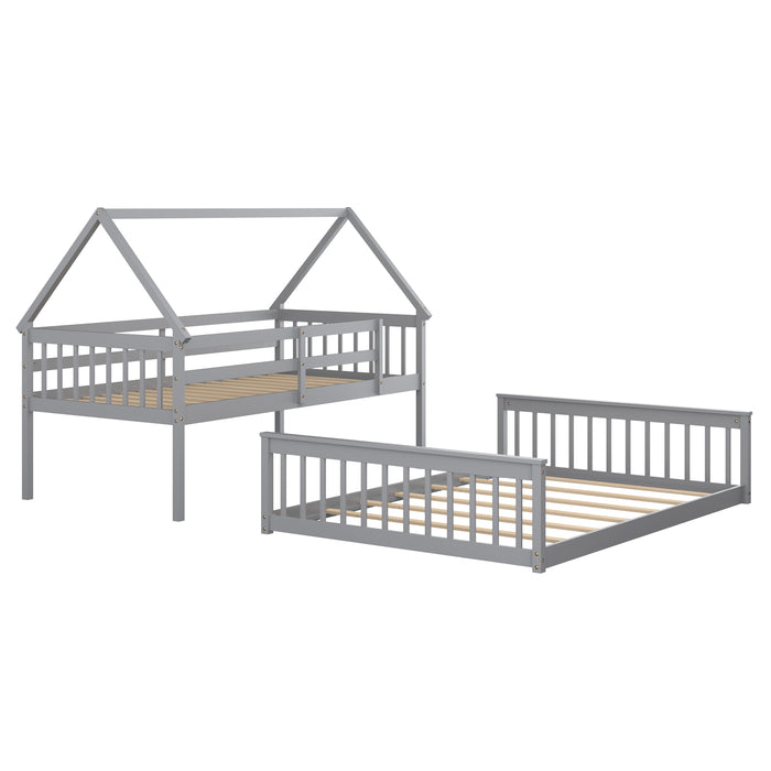 Twin Over Full House Bunk Bed with Ladder and Guardrails-Gray