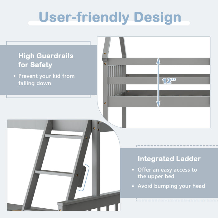 Twin Over Full House Bunk Bed with Ladder and Guardrails-Gray