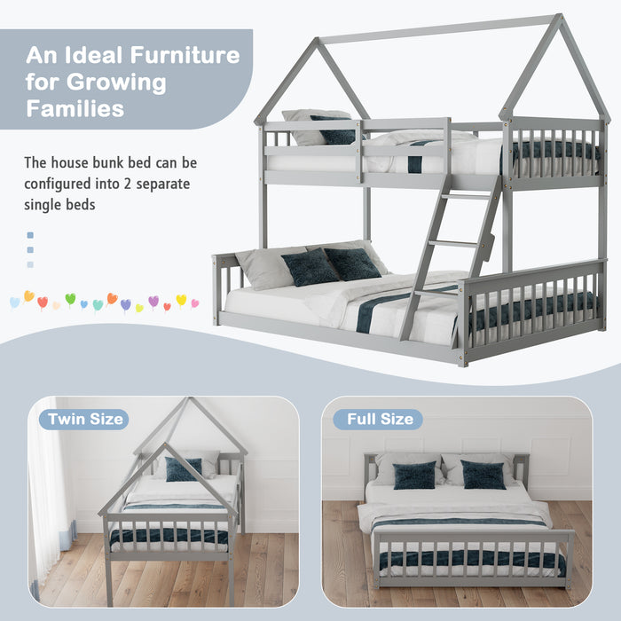 Twin Over Full House Bunk Bed with Ladder and Guardrails-Gray