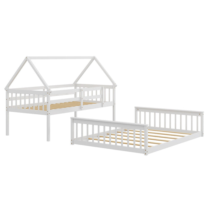 Twin Over Full House Bunk Bed with Ladder and Guardrails-White