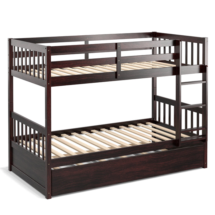 Twin Over Twin Bunk Bed with Pull-out Trundle and Ladder-Espresso