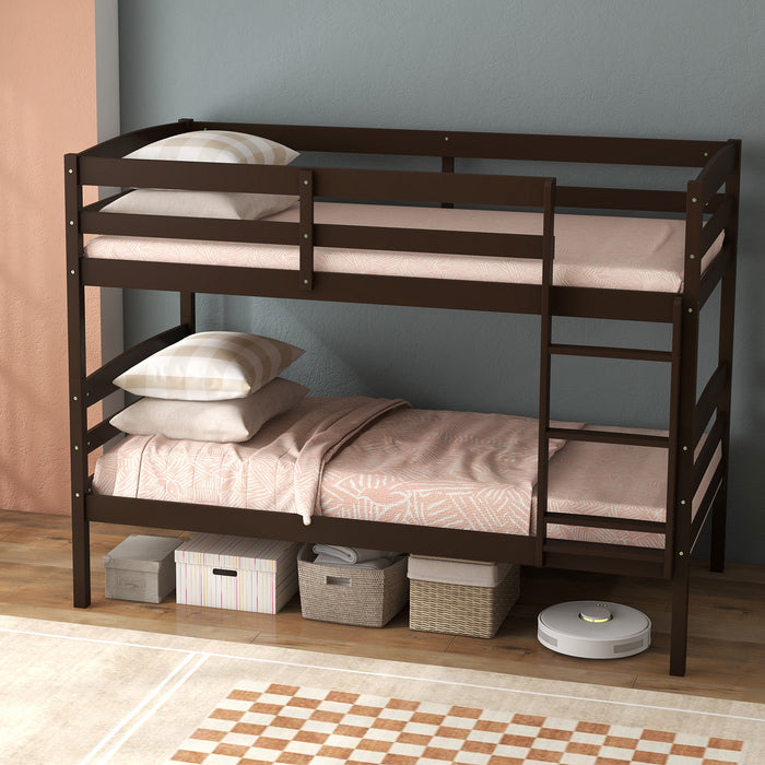 Solid Wood Twin Over Twin Bunk Bed Frame with High Guardrails and Integrated Ladder-Espresso