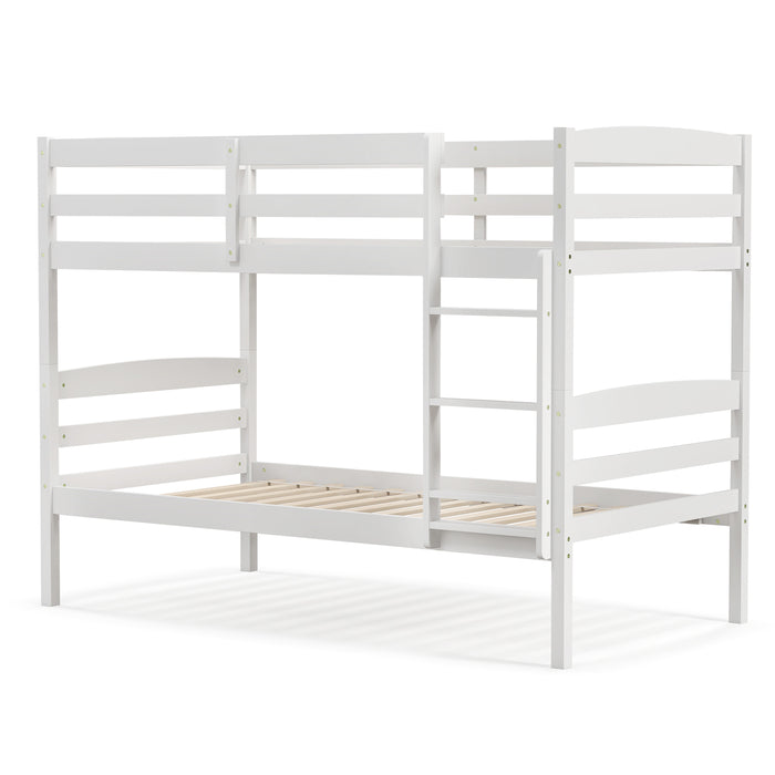 Solid Wood Twin Over Twin Bunk Bed Frame with High Guardrails and Integrated Ladder-White