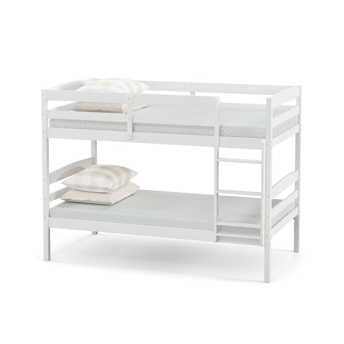 Solid Wood Twin Over Twin Bunk Bed Frame with High Guardrails and Integrated Ladder-White