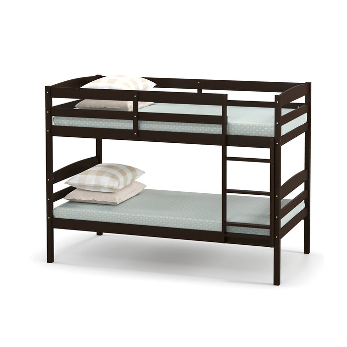 Solid Wood Twin Over Twin Bunk Bed Frame with High Guardrails and Integrated Ladder-Espresso