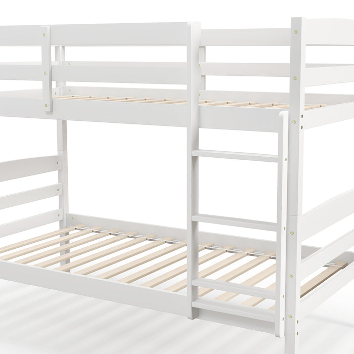 Solid Wood Twin Over Twin Bunk Bed Frame with High Guardrails and Integrated Ladder-White