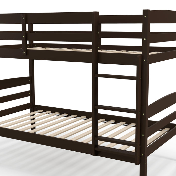 Solid Wood Twin Over Twin Bunk Bed Frame with High Guardrails and Integrated Ladder-Espresso