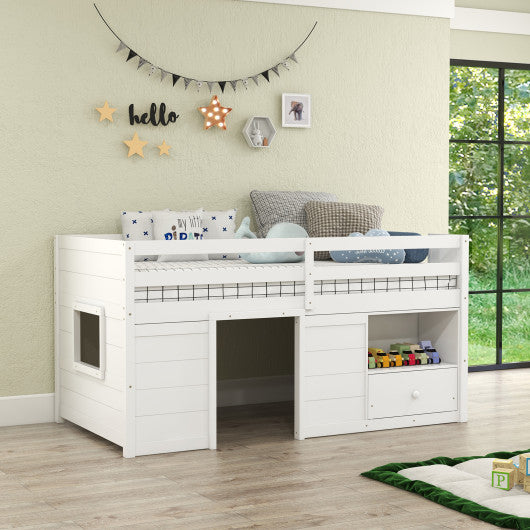 Twin Size Solid Wood Low Loft Bed with Storage and Drawer-White