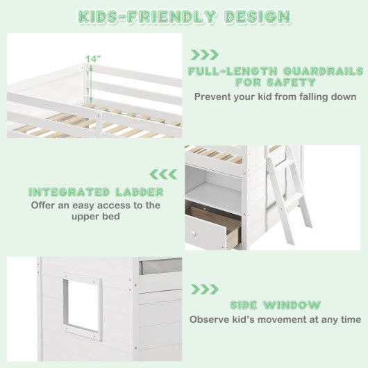 Twin Size Solid Wood Low Loft Bed with Storage and Drawer-White