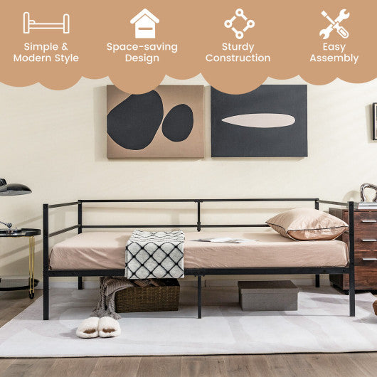 Twin Size Metal Daybed Frame with Metal Slat Support and 3-Sided Guardrails