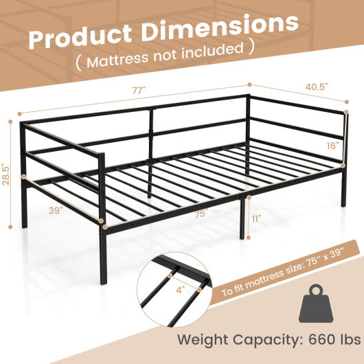 Twin Size Metal Daybed Frame with Metal Slat Support and 3-Sided Guardrails