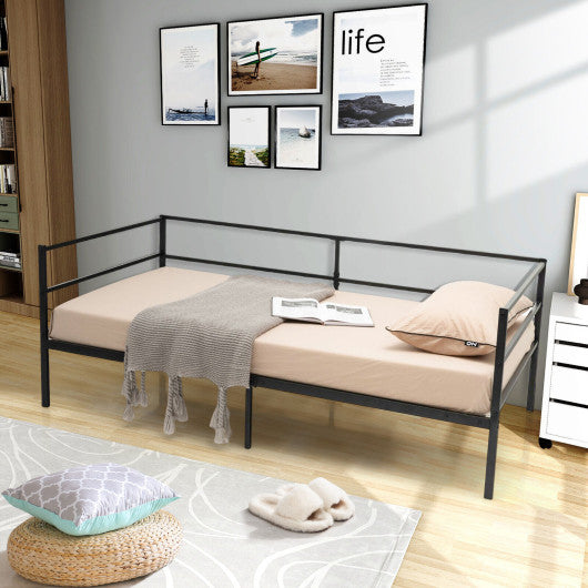 Twin Size Metal Daybed Frame with Metal Slat Support and 3-Sided Guardrails