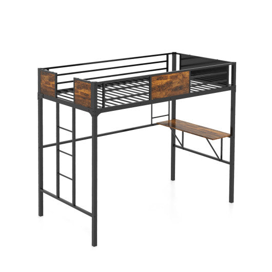 Twin Size Industrial Metal Loft Bed with Desk Storage Shelf and Build-in Ladder-Twin Size