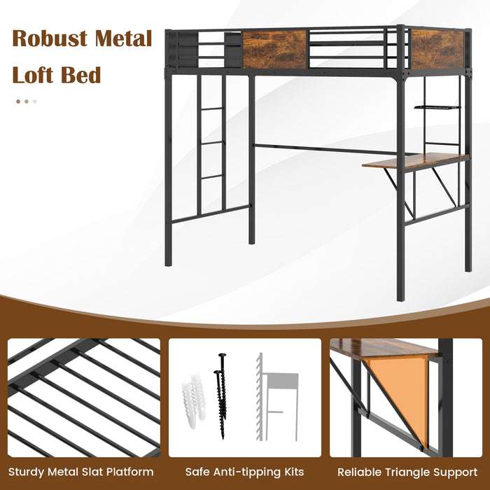 Twin Size Industrial Metal Loft Bed with Desk Storage Shelf and Build-in Ladder-Twin Size