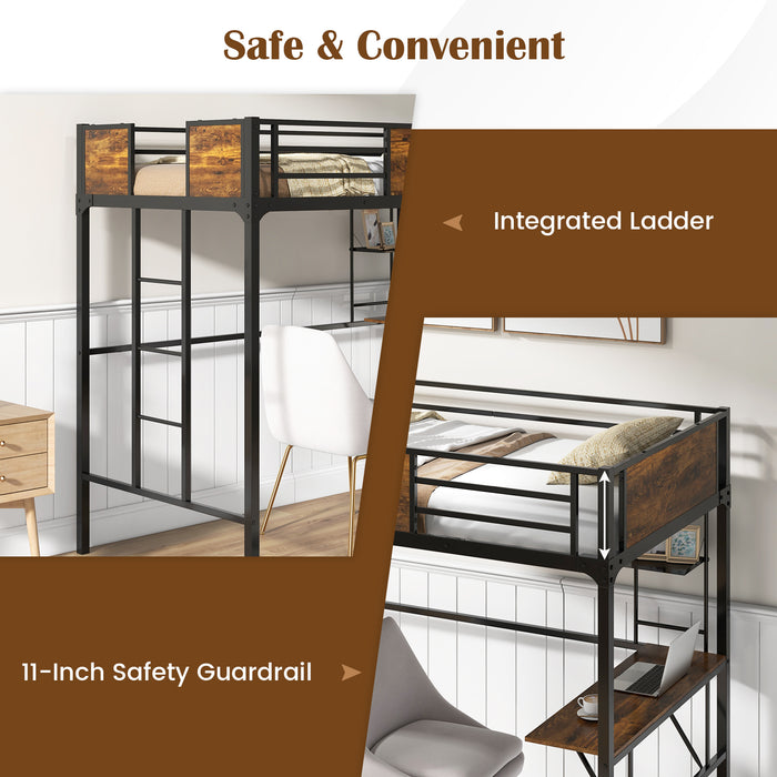 Twin Size Industrial Metal Loft Bed with Desk Storage Shelf and Build-in Ladder-Twin Size