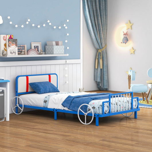 Twin Size Kids Bed Frame Car Shaped Metal Platform Bed with Upholstered Headboard