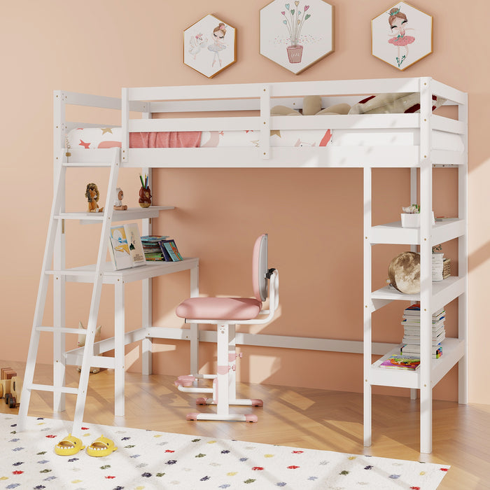 Twin Size Loft Bed with Desk and Bookshelves for Kids and Teens-White