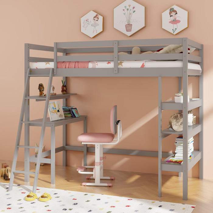 Twin Size Loft Bed with Desk and Bookshelves for Kids and Teens-Gray