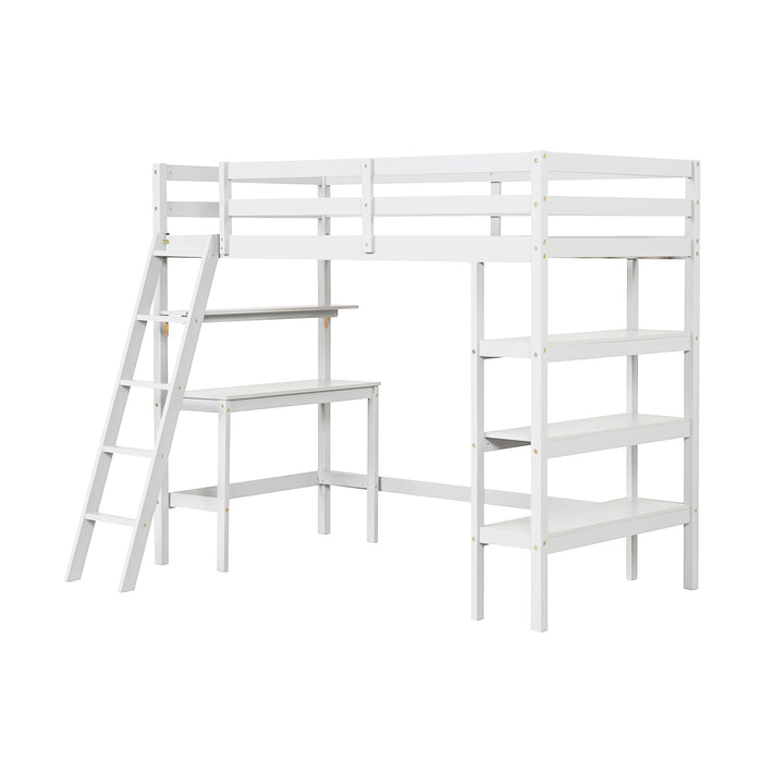 Twin Size Loft Bed with Desk and Bookshelves for Kids and Teens-White