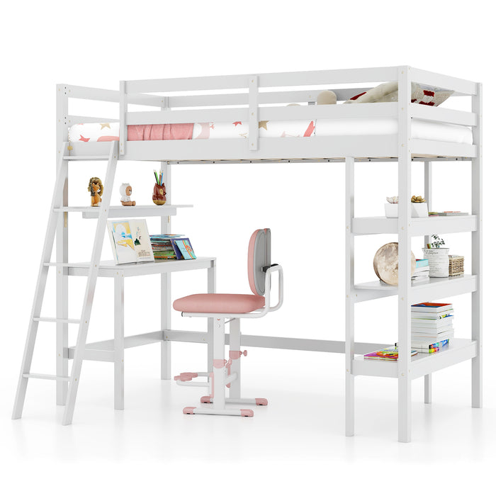 Twin Size Loft Bed with Desk and Bookshelves for Kids and Teens-White