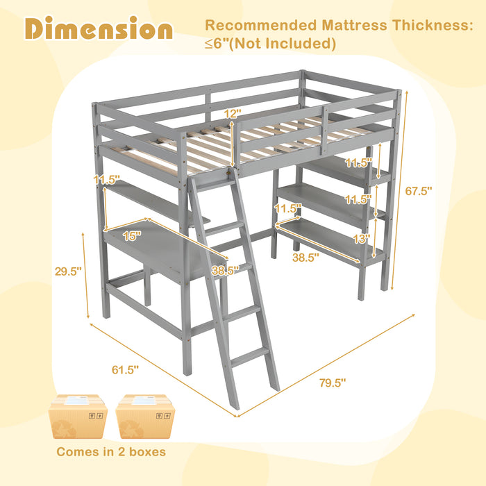 Twin Size Loft Bed with Desk and Bookshelves for Kids and Teens-Gray