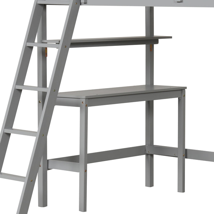 Twin Size Loft Bed with Desk and Bookshelves for Kids and Teens-Gray