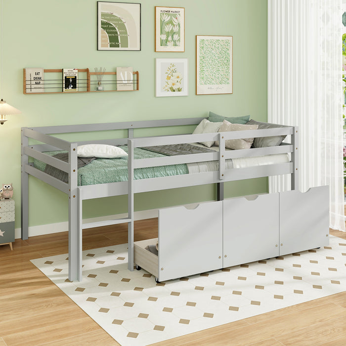 Twin Size Low Loft Bed with 3 Drawers with Ladder and Full-length Guardrails-Gray