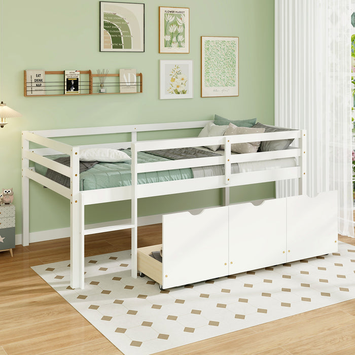 Twin Size Low Loft Bed with 3 Drawers with Ladder and Full-length Guardrails-White